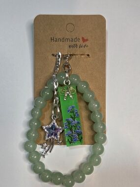 Handmade "I" Resin Keychain with Green Stone Beaded Bracelet and Shooting Star